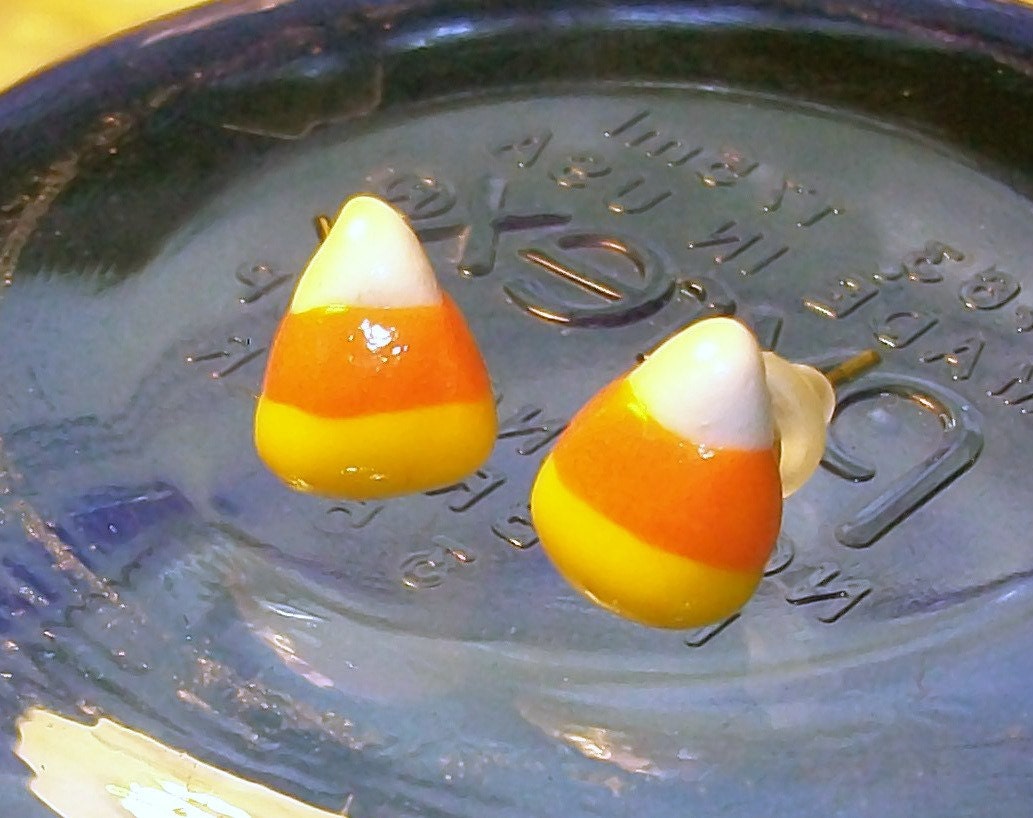 Candy Corn Earrings on Sterling Silver Studs-Tiny Handmade Polymer Jewelry