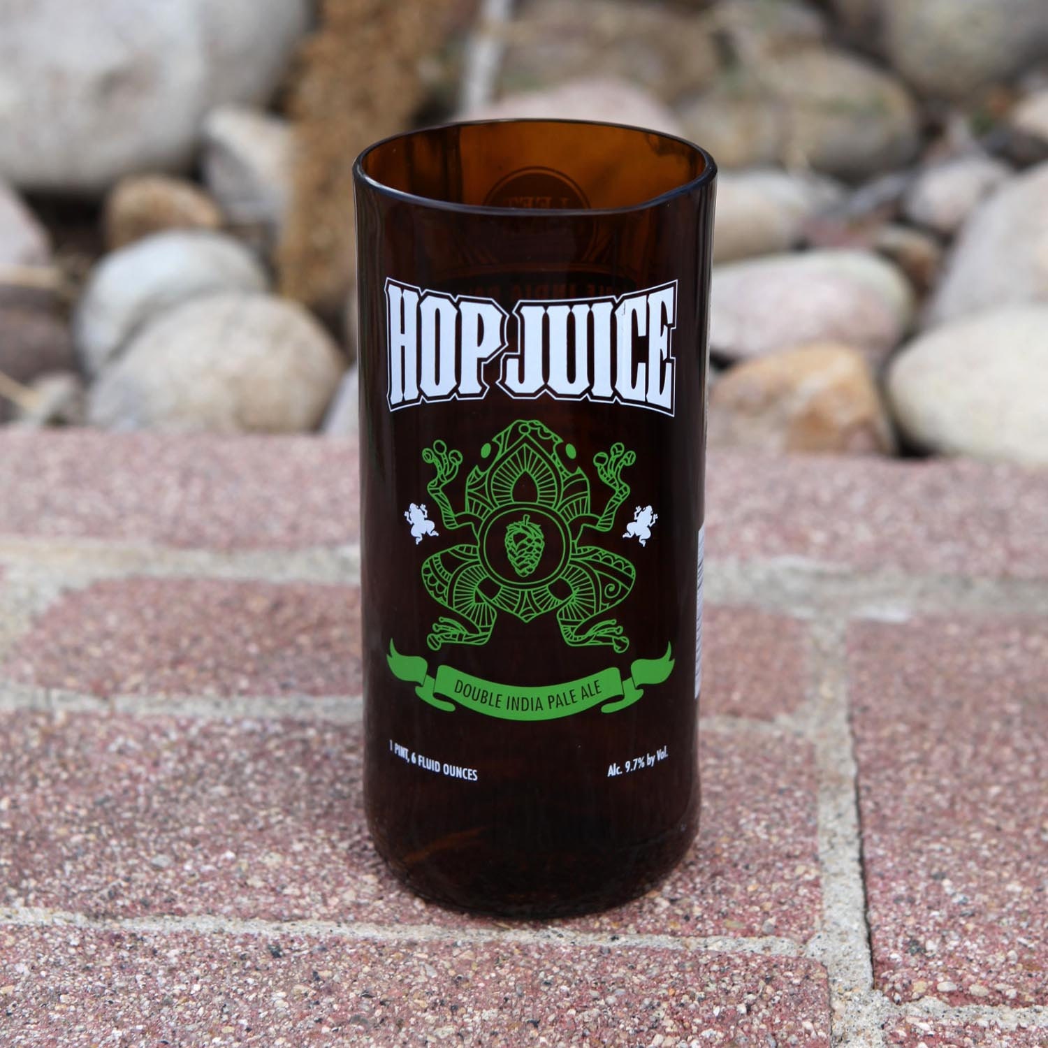 Hop Juice 16 ounce drinking glass / tumbler made from recycled beer bottle