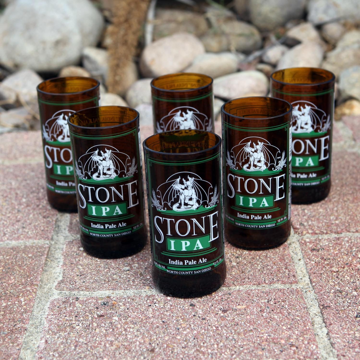 Stone IPA Six Pack 8 ounce glasses made from repurposed bottles