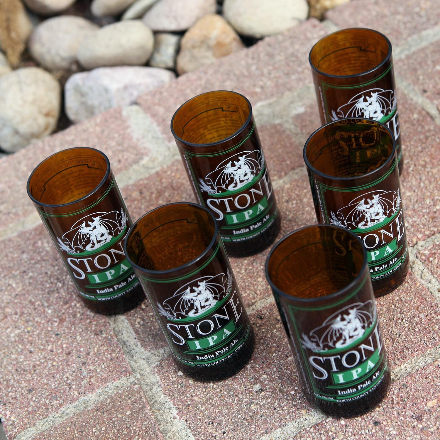 Stone IPA Six Pack 8 ounce glasses made from repurposed bottles