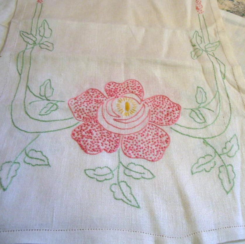 2 Embroidered PINK ROSE Table RUNNERS Vintage Embroidery, Handmade Matched Pair, 1950s Keepsake Easter Linens, Dresser Scarf, French Knots