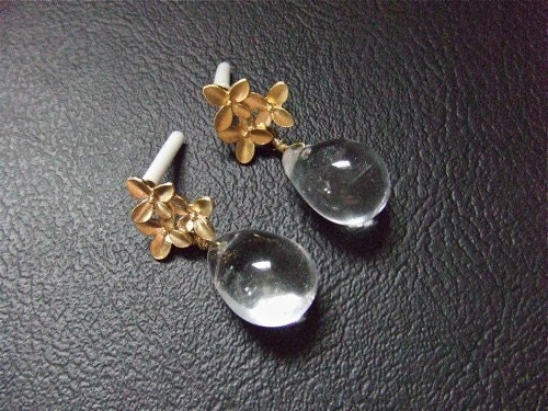 Clear glass droplet cherry blossom flower gold earrings