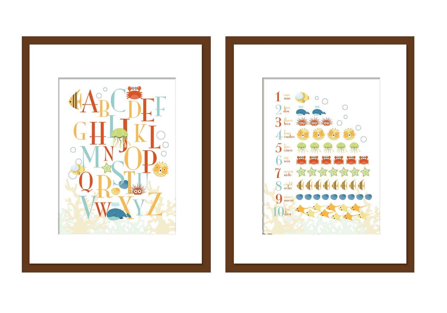 Set of 2 Prints - Art for Child's room or Nursery - ABC and 123 Deep Blue Sea - 8.5X11