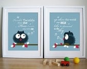 Owl Nursery Prints Set of 2 - Twinkle Twinkle Whistling Owl - 11X14 Inches, other sizes