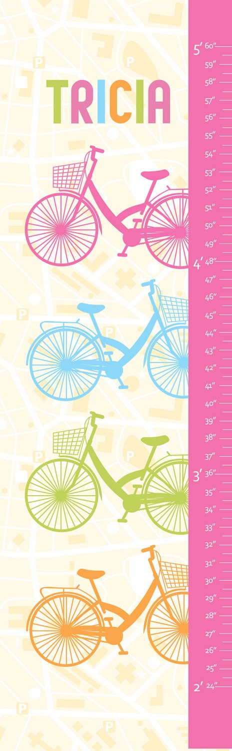 Personalized Growth Chart - Bicycle- 13" X42" Inches, Girls Nursery, Play Room, Bicycle and Girls, Pink Growth Chart, Height Chart