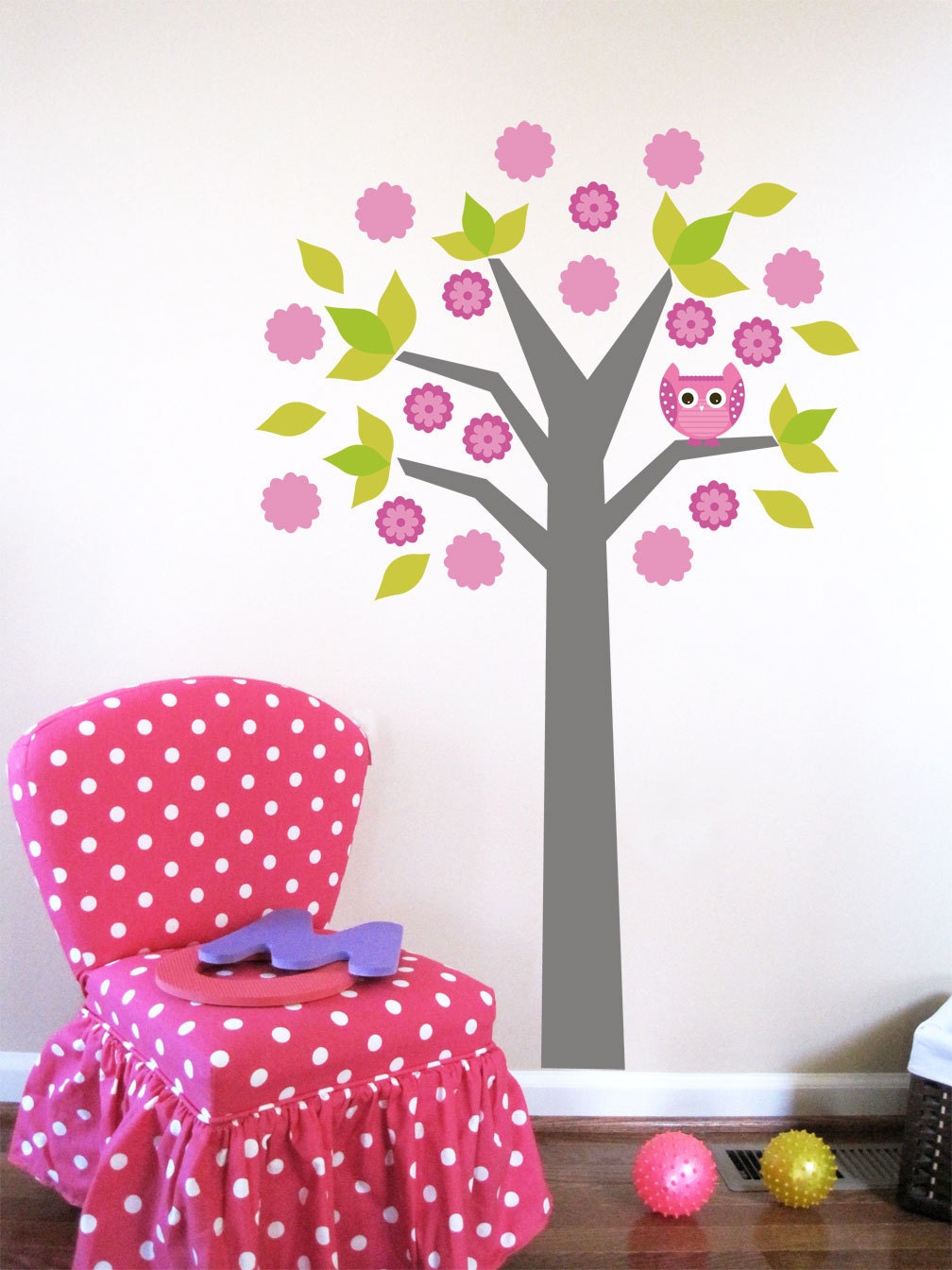 Wall Decals for Kids- Baby Owl and Floral Tree- LARGE, More custom options available