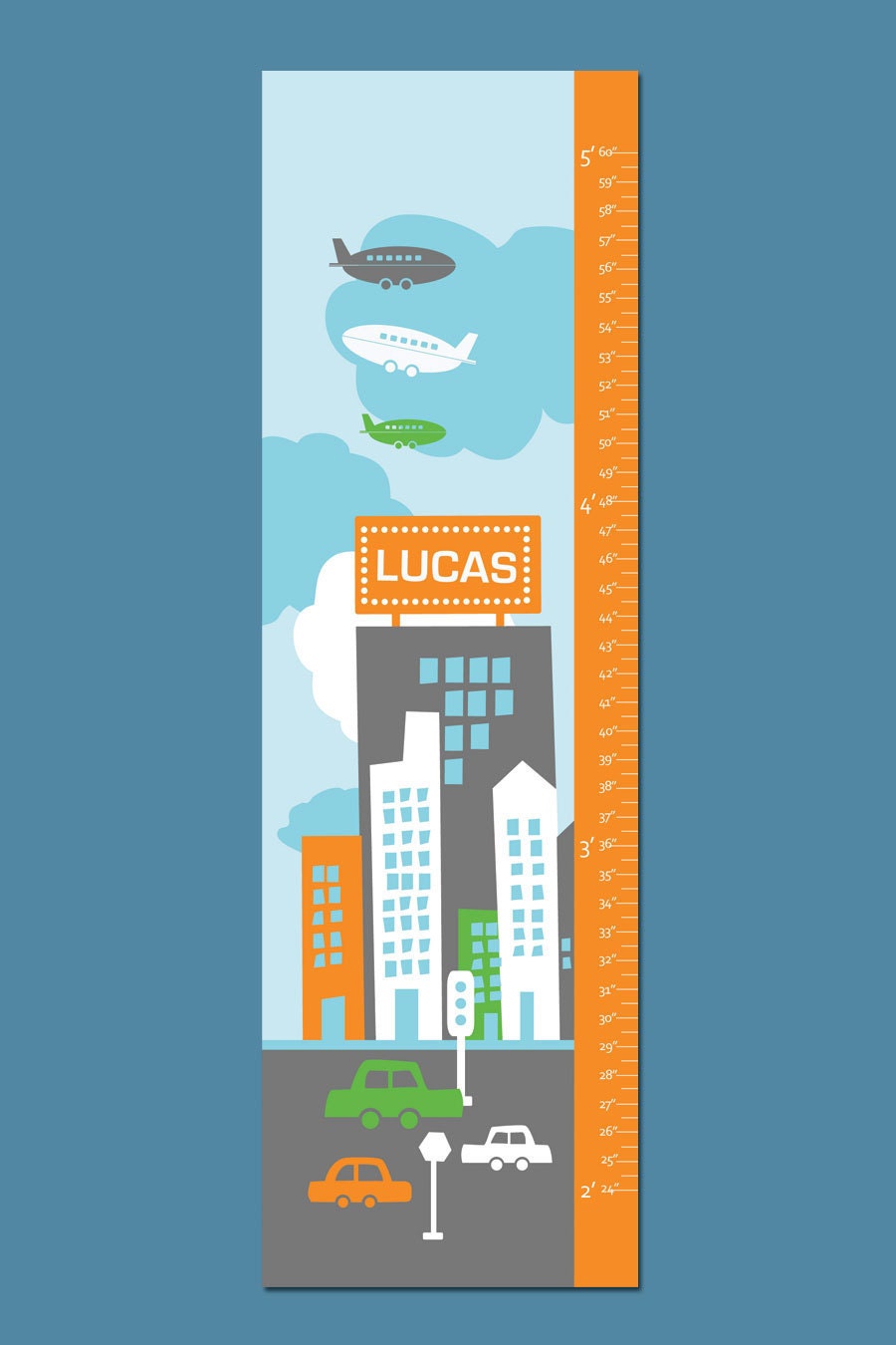 Personalized Growth Chart Canvas for Children- Billbaord City Name- 13" X42" Inches