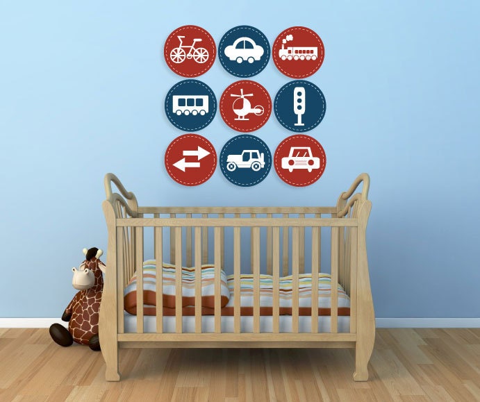 Reusable Wall Decals for Children, Transportation Icons, 7.5 Inches Round, Set of 9