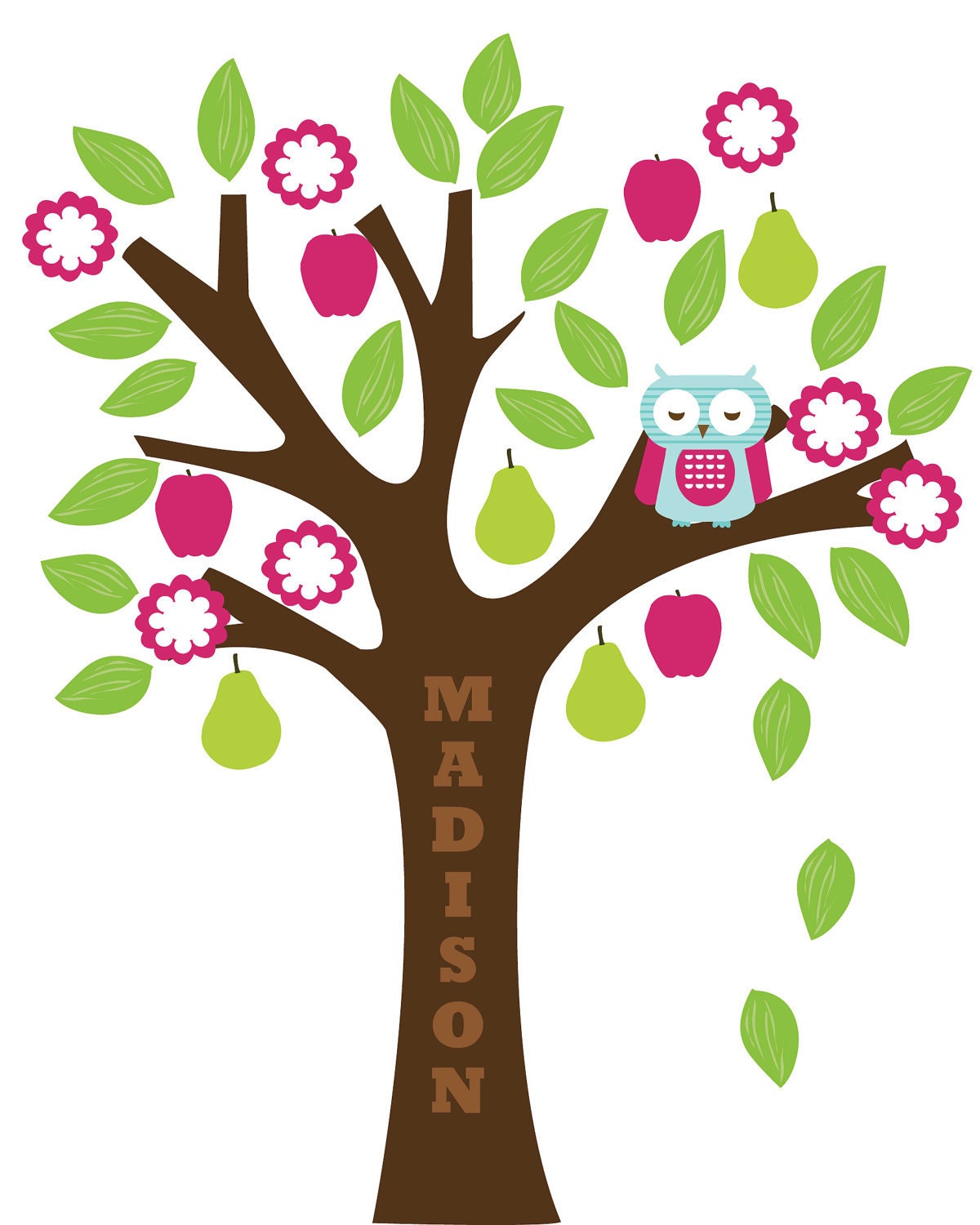 Tree Decal for Nursery or Playroom- Little Sleepy Owl and Fruit Tree- LARGE, 48X60 Inches, Nurery Artwork, Wall Stickers, Baby Gift