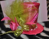 Your Tops Mini top hat  headband couture vintage inspired top hat in lime green hot pink with fabric rosette perfect photo prop