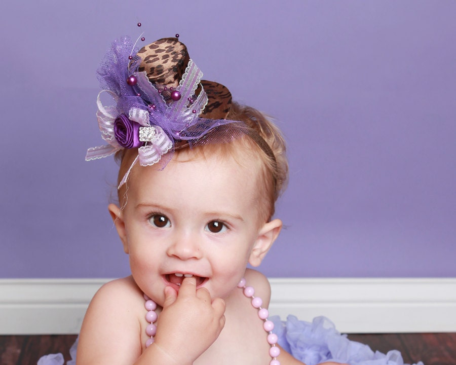 Tops for Leapord couture vintage inspired mini top hat with fabric rosette in leapord and purples