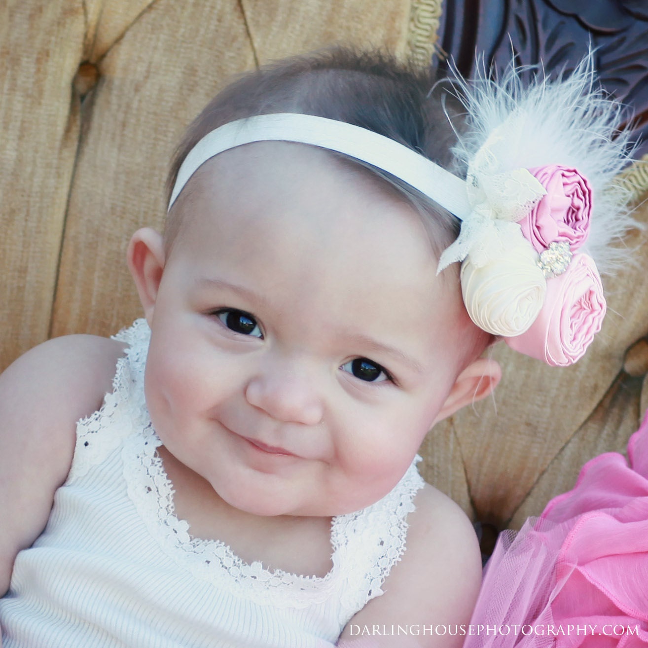Pink Spring couture vintage inspired fabric rosette headband for baby or little girl