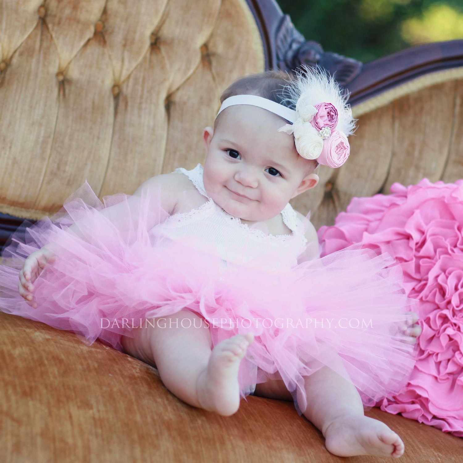 Pink Spring couture vintage inspired fabric rosette headband for baby or little girl