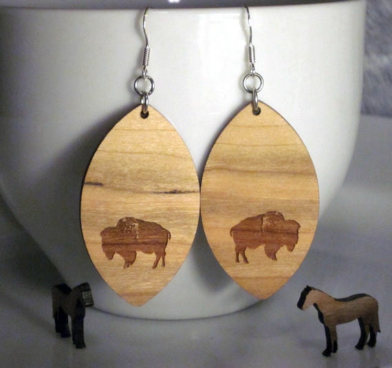 Wood Diamond Bison Earrings