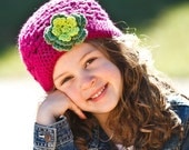 Girls Winter Fuchsia Pink Beanie Hat with Green Flower - Available in all sizes -  Baby Toddler Children