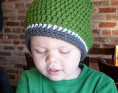 Boys  Green Winter Warm Hat Beanie wih Grey and White Stripes - Baby Toddler Children - Sizes Available