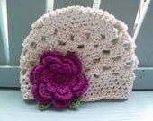 Baby Hat Crochet Ecru Beanie with Fuchsia Pink Flower and Green Leaves - Baby Toddler Children