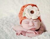 Newborn Crochet Baby Beanie Hat in Orange with Cream Flower Green Leaf and Wood Button -Photo Prop - Baby Toddler Children