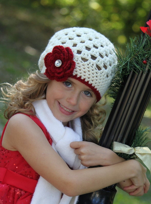 Girls Christmas Hat Beanie Crochet  in Cranberry Red and Cream with Rhinestone Accent - Baby Toddler Children