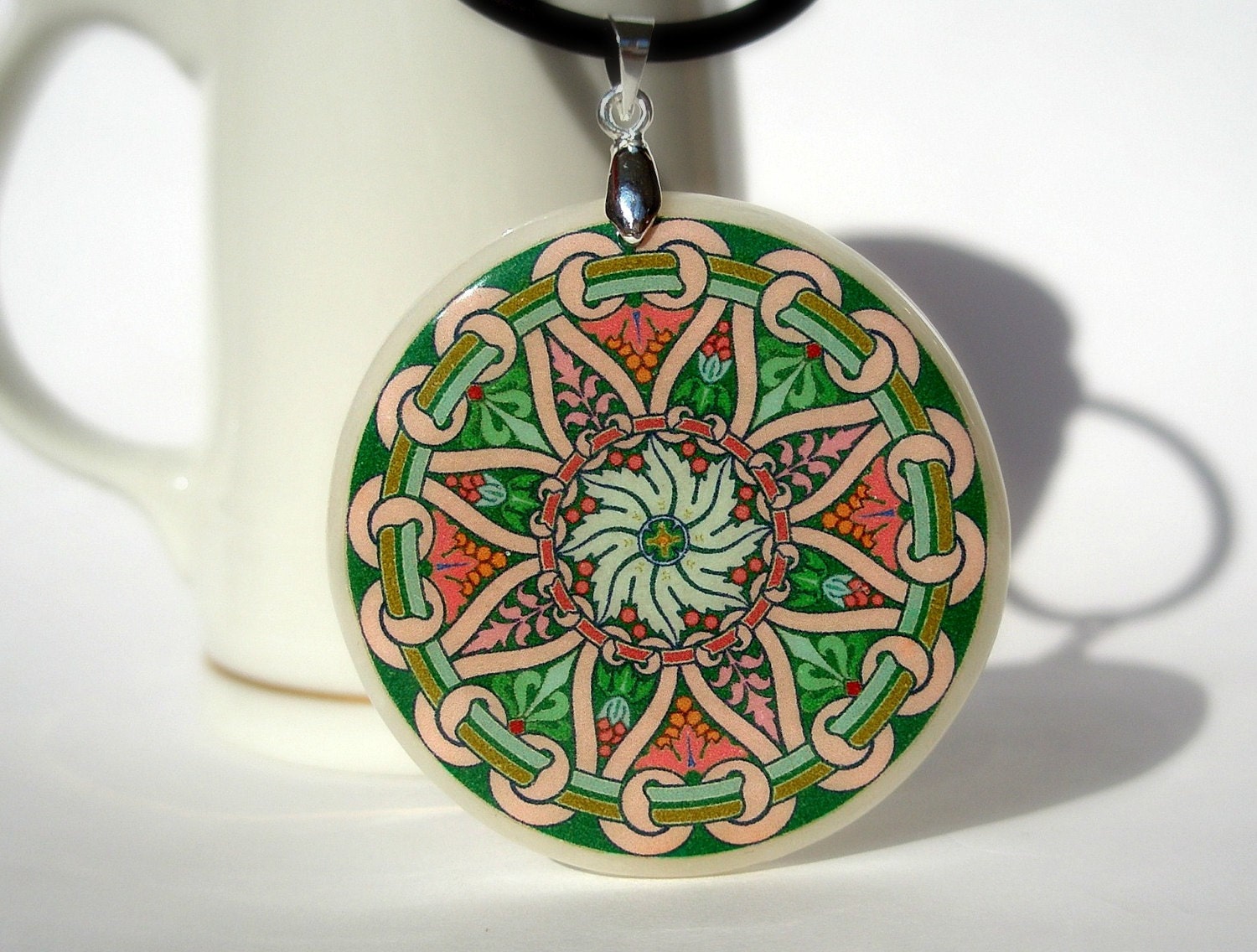 Abstract Green and Pink Ornament Colorful Necklace, Polymer Clay