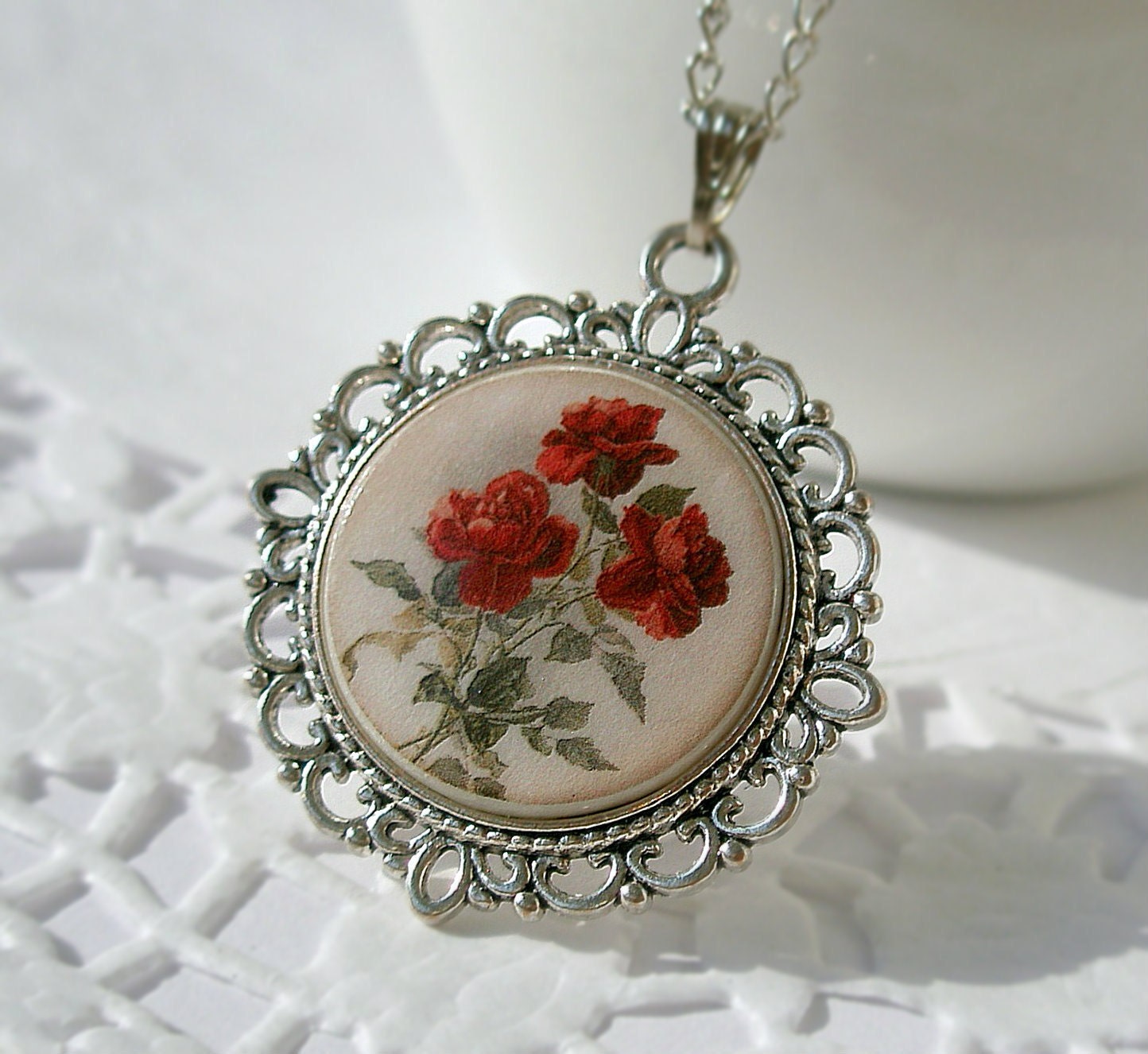 Gentle Vintage Rose Flowers,Necklace Polymer Clay