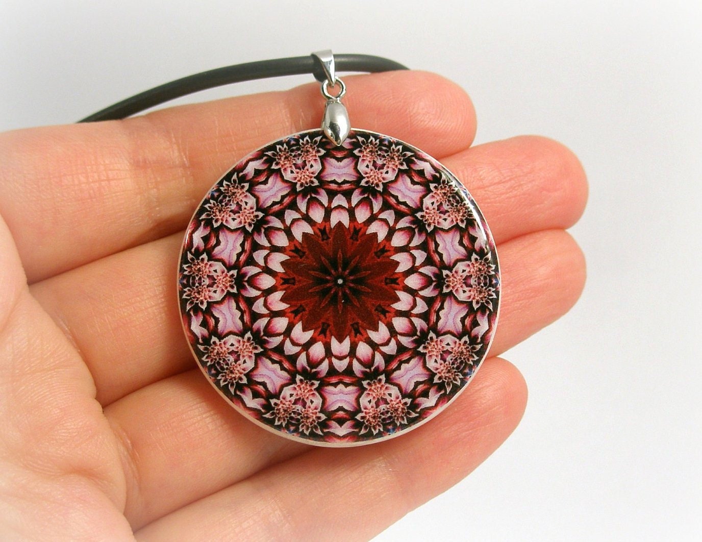 Burgundy And White Floral Mandala  Necklace,Polymer Clay