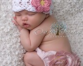 Baby Girl Hat, 3 to 6 Months Baby Girl Flapper Hat, Baby Girl Handmade Hat, White with Rose Pink and Yellow flower. Great for Photo Props.