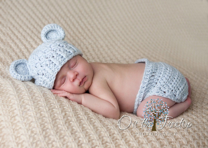 NEWBORN Boy Hat, 0-1 Months Baby Boy Monkey Hat, Crochet Flapper Beanie, Baby Blue with Ears. Great for Photo Props. Baby Shower Gift.