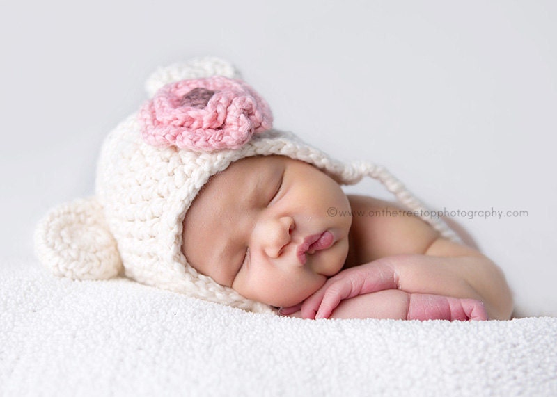 NEWBORN Baby Girl Hat,  Baby Girl Organic Hat, Teddy Bear Hat, Earflap Baby Hat, Cream with Strawberry Pink Flower. Very Soft. Photo Props.