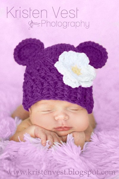 READY TO SHIP, Baby Girl Hat, 3 to 6 Months Baby Girl Hat, Baby Girl Monkey Hat, Dark Grape with White and Yellow Flower. Baby Photo Props.