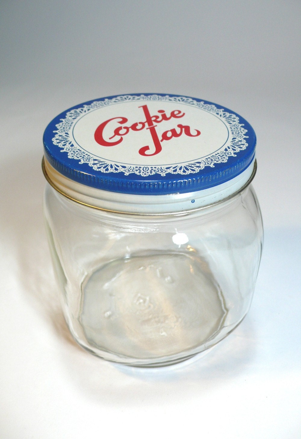 vintage COOKIE JAR brockway glass square storage canister  - blue metal lid with white lace doily red script - so charming
