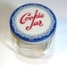 vintage COOKIE JAR brockway glass square storage canister  - blue metal lid with white lace doily red script - so charming