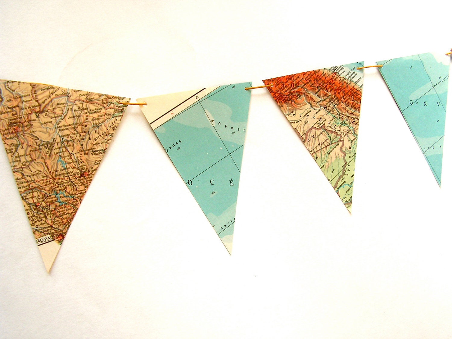 Recycled vintage map bunting or garland. Shabby chic home decor. Bookshelf accent.