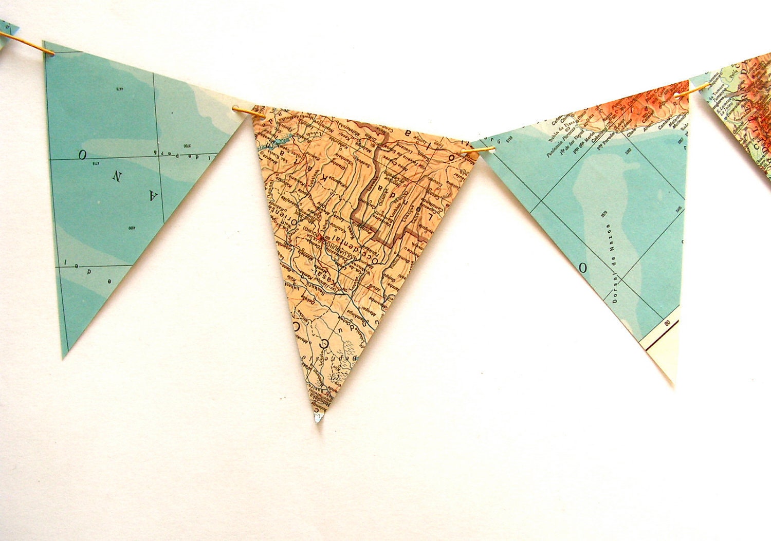 Recycled vintage map bunting or garland. Shabby chic home decor. Bookshelf accent.