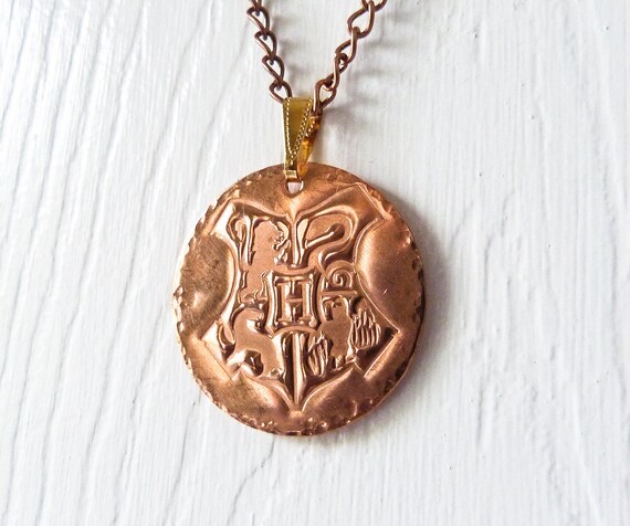 Harry Potter inspired - Hogwarts Crest - Hand Stamped Copper Necklace