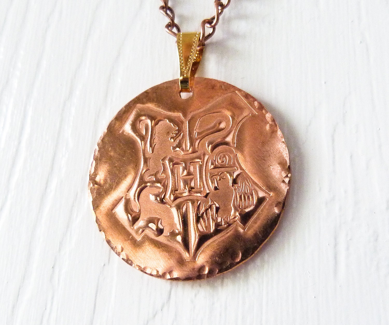 Harry Potter inspired - Hogwarts Crest - Hand Stamped Copper Necklace