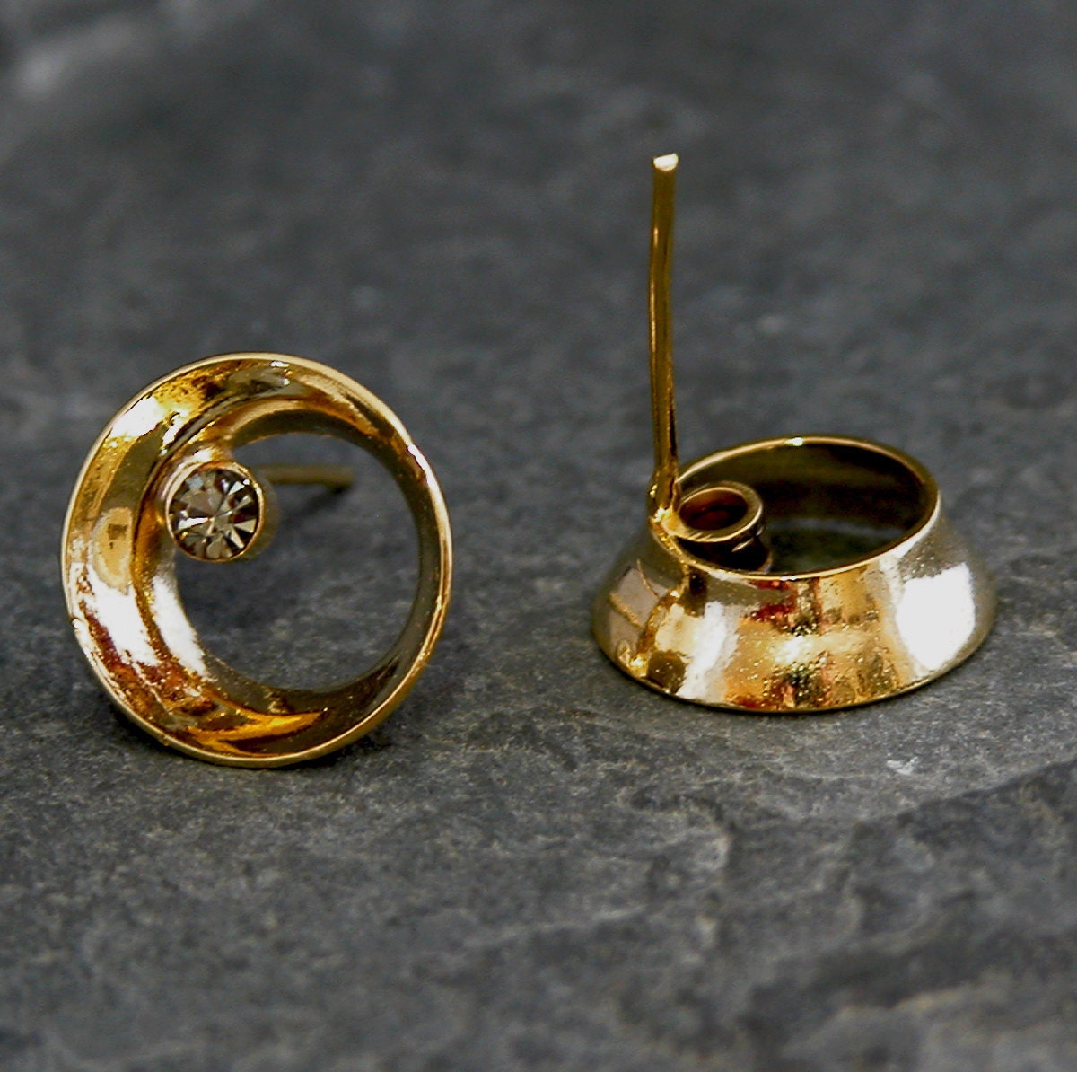Gold Stud Earrings , Gold Hollow Round Stud Earrings with Smoky diamond