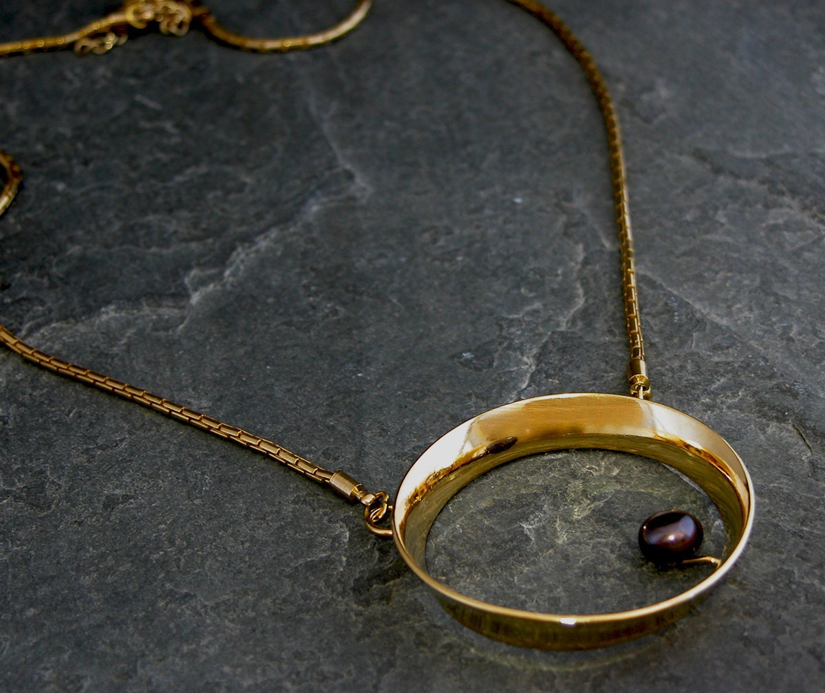 Gold Statement Necklace ,Big Pearl Statement Pendant, Gold Hollow Round Pendant with Black Pearl