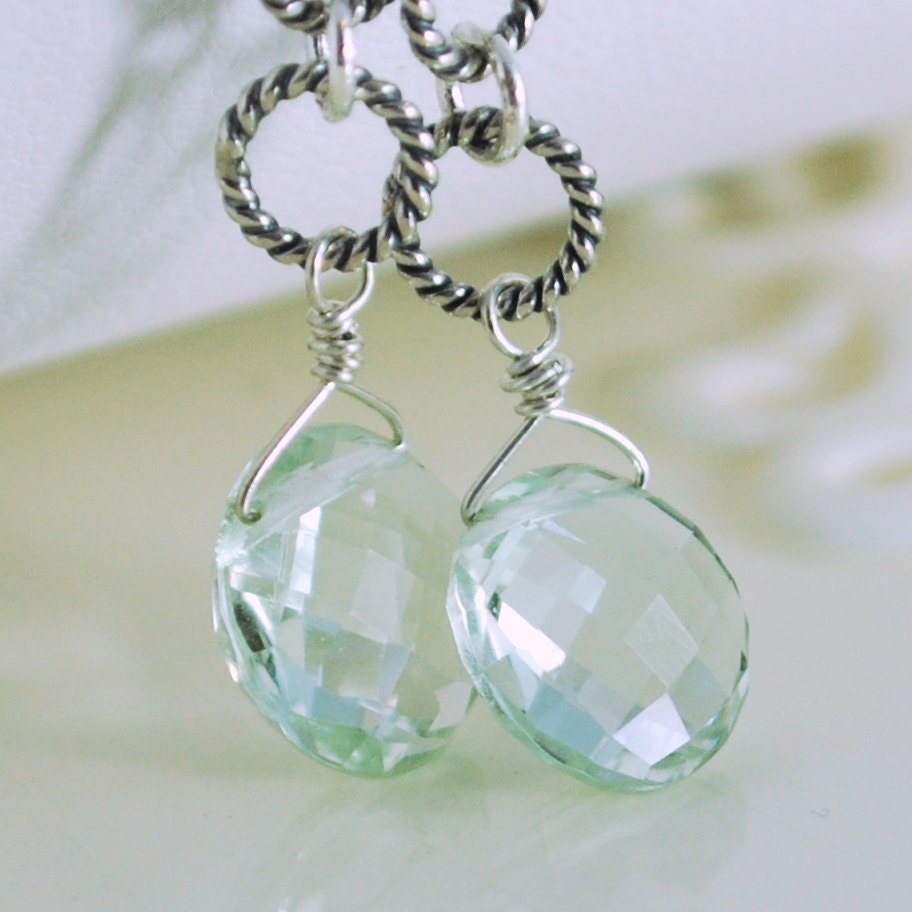 Green Amethyst Earrings AAA Mint Prasiolite Semiprecious Gemstone Coins Wire Wrapped Rings Sterling Silver Jewelry Complimentary Shipping