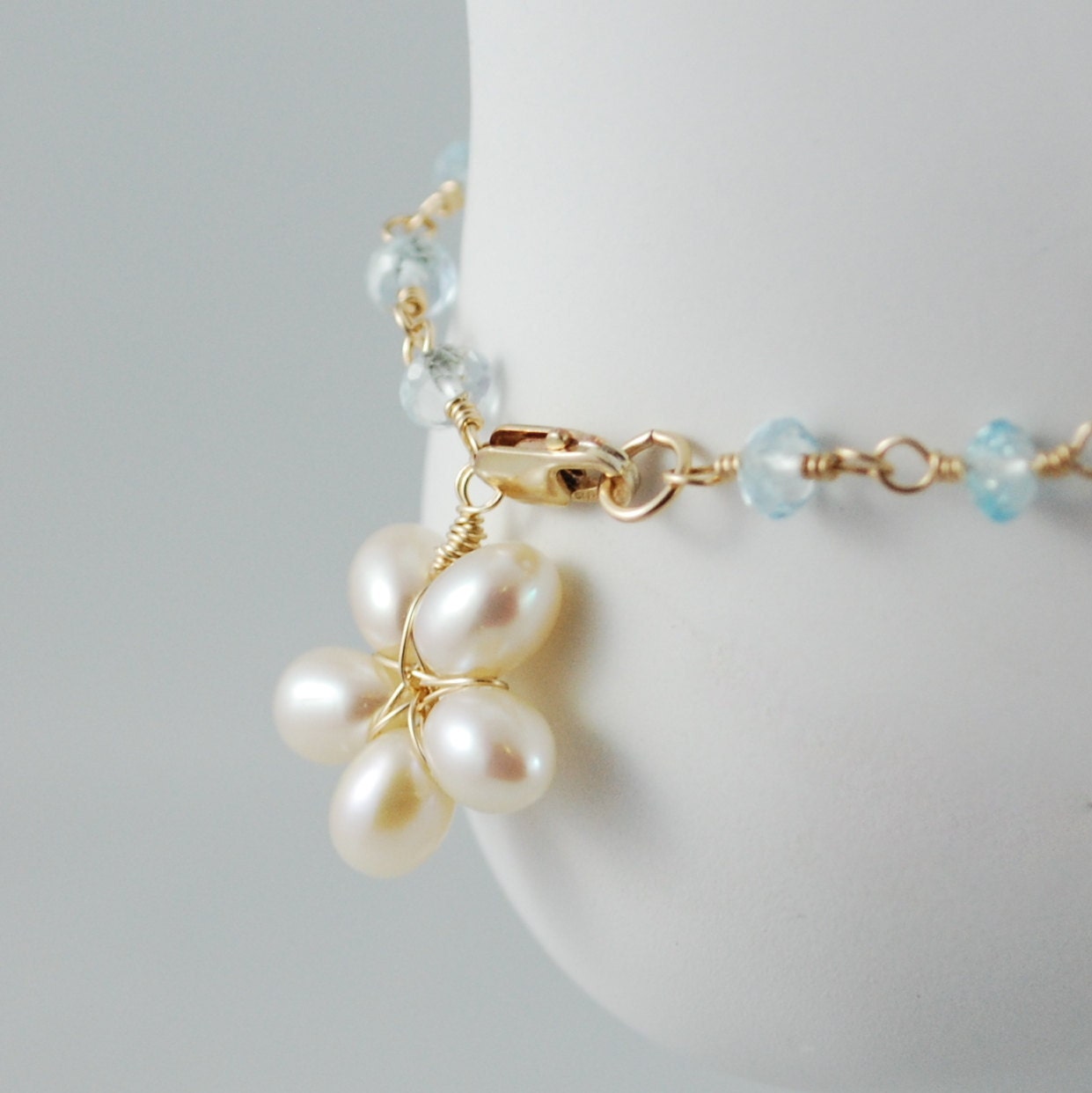 Genuine Blue Topaz Anklet Gold Jewelry Ivory Freshwater Pearl Flower Charm Semiprecious Gemstone December Birthstone Complimentary Shipping