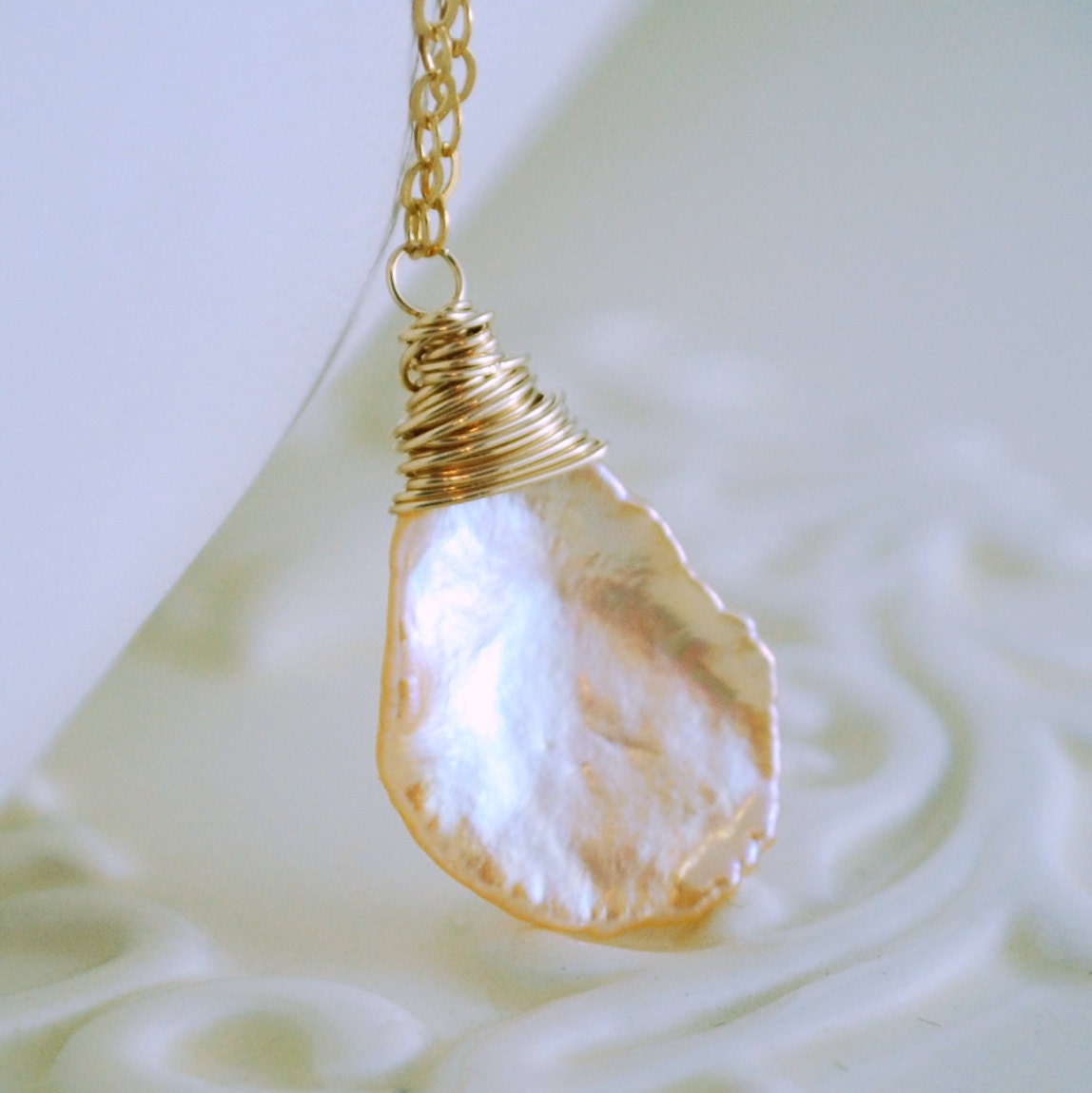 Peach Keishi Keshi Pearl, Genuine Freshwater Necklace, Wire Wrapped, Simple Feminine Pretty, Sterling Silver or Gold Jewelry, Free Shipping