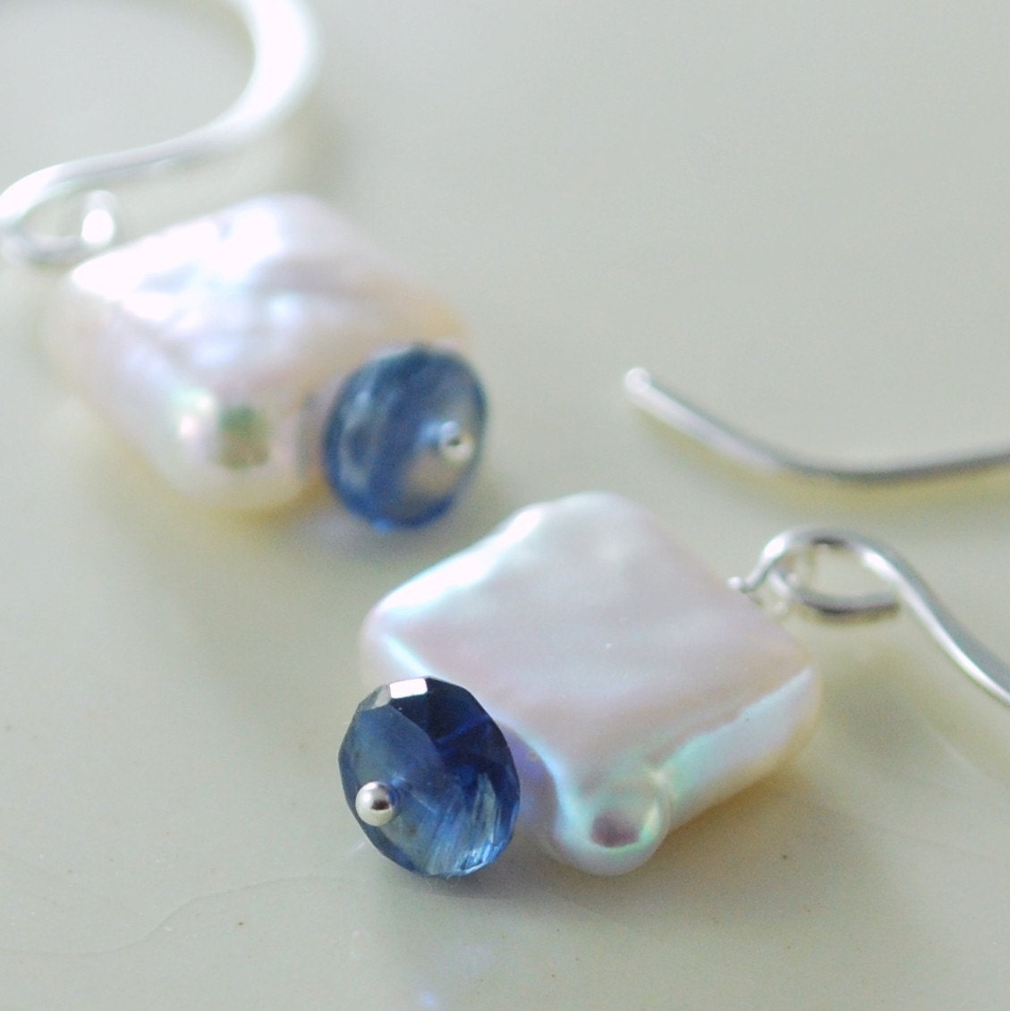 Freshwater Pearl Drop Earrings Kyanite Royal Blue Wire Wrapped Sterling Silver Jewelry Complimentary Shipping