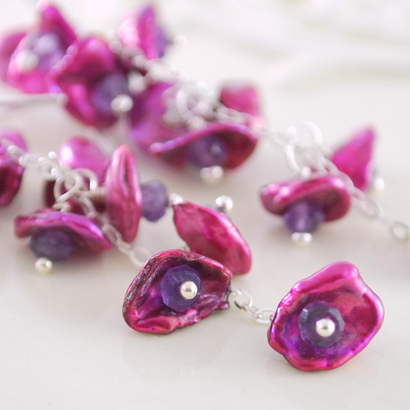 Keishi Pearl Earrings Keshi Freshwater Waterfall Genuine Amethyst Gemstone Purple Wire Wrapped Sterling Silver Complimentary Shipping