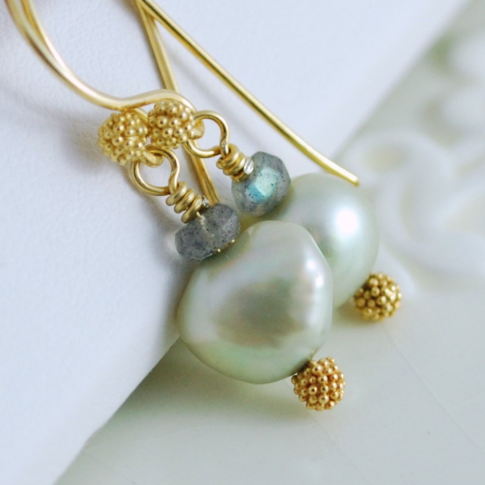 Freshwater Pearl Earrings Labradorite Spring Green Gold Berry Wire Wrapped Gold Vermeil Jewelry Complimentary Shipping