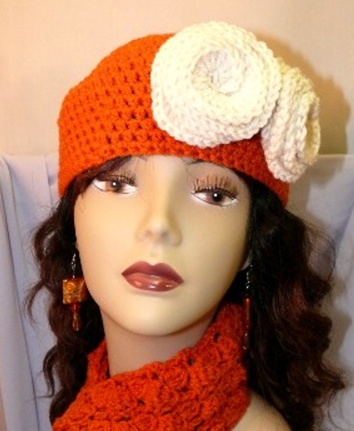 Chic and Versatile Crochet Hat with removable rosettes PLUS matching Scarf-Belt-Hair wrap Creation
