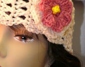 Two-In-One fashionable but chic crochet Head Warmer and Neck Warmer in Cream with detachable Flower Pin