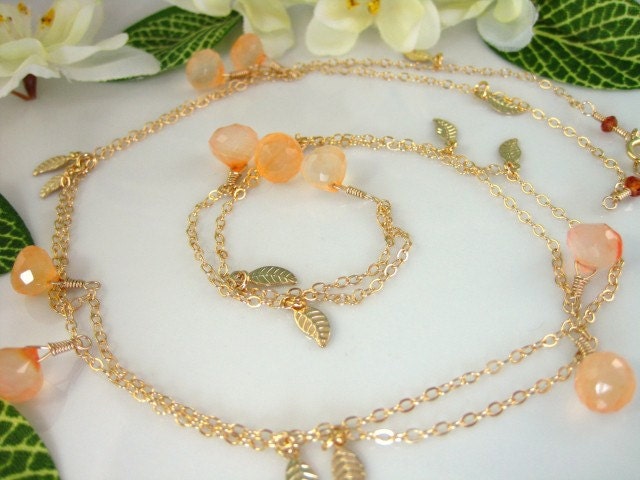 Peach chalcedony gold leaf opera necklace, Peach fall leaf opera length necklace, Peach Fall wedding necklace