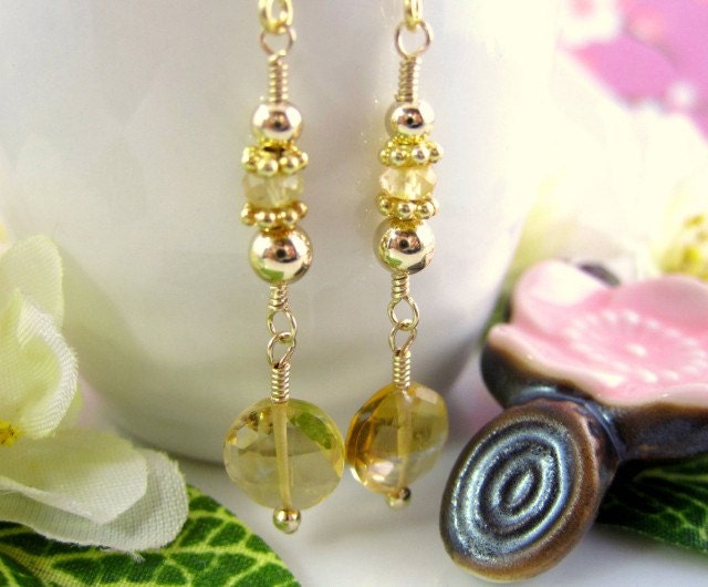 Citrine coin earrings, citrine drop gold filled earrings, citrine bridal jewelry, citrine bridesmaid earrings