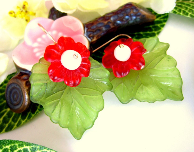 Red cherry blossom light green maple resin leaf earrings