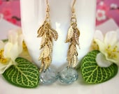 Gold leaf cluster teal green mystic quartz earrings